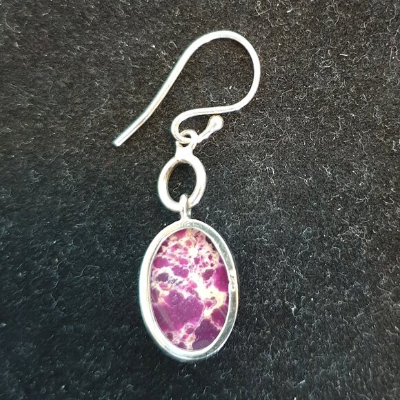 Rare Vintage Natural Purple Impression Jasper 925 Sterling Silver Dangle Earring - Picture 4 of 11